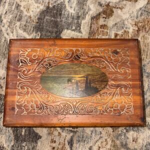 Vintage Hand Crafted Wooden Trinket Box W/ Scenic Inlay Floral Detail Mid Centur